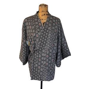 Japanese Acetate Nylon Black White Starburst Pattern Dochugi Kimono Style Jacket